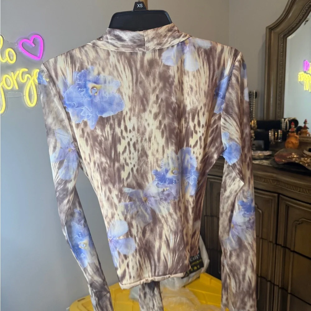 Zara Brown Animal Print Wrap around Blouse with Blue Floral Details - Picture 16 of 16